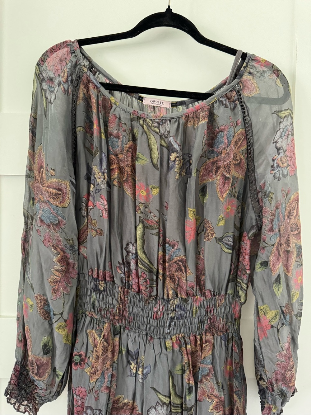 Boho Floral Gray Long Sleeve Midi Dress - Picture 2 of 5